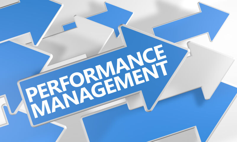 Performance Management - 3d render concept with blue and white arrows flying over a white background.